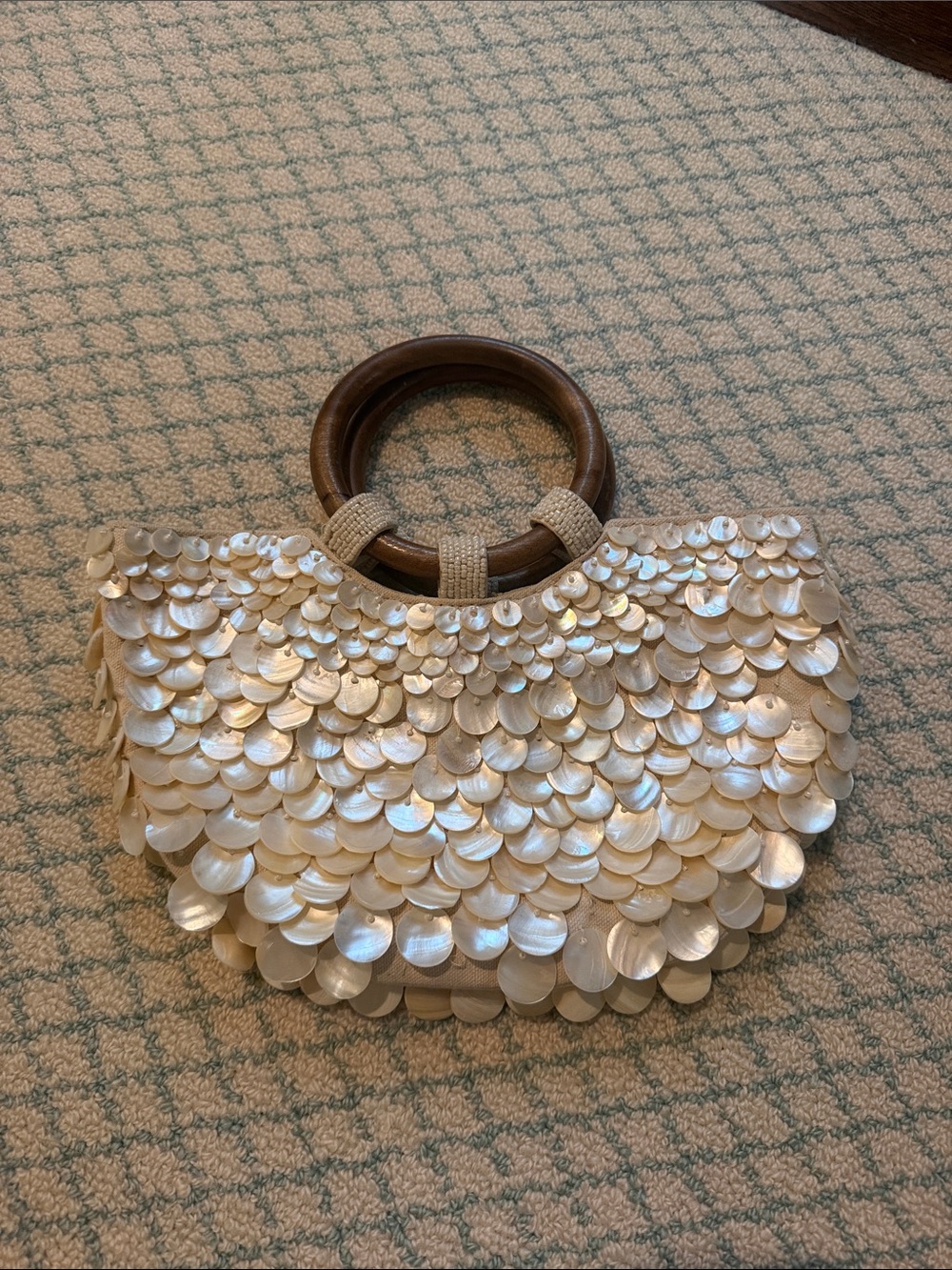Zara Ivory Shell-Disc Clutch with Wooden Ring Handles